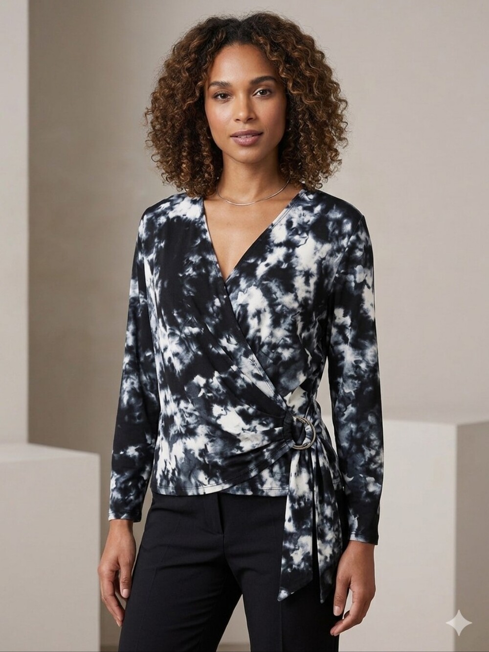C Est 1946 NWT Tie-Waist Black & White Tie-Dye Wrap Top, Size XL